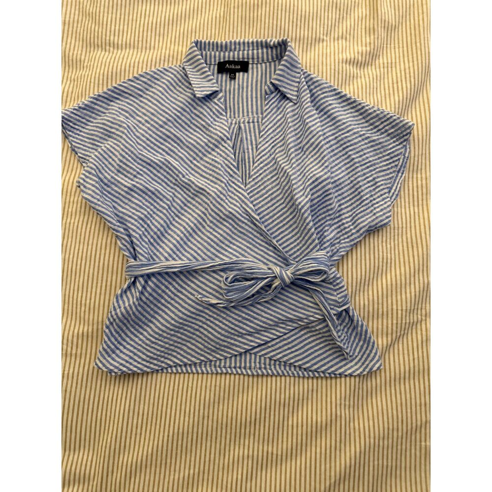 Blue and White striped short-sleeve wrap blouse Boutique Brand-Akaa